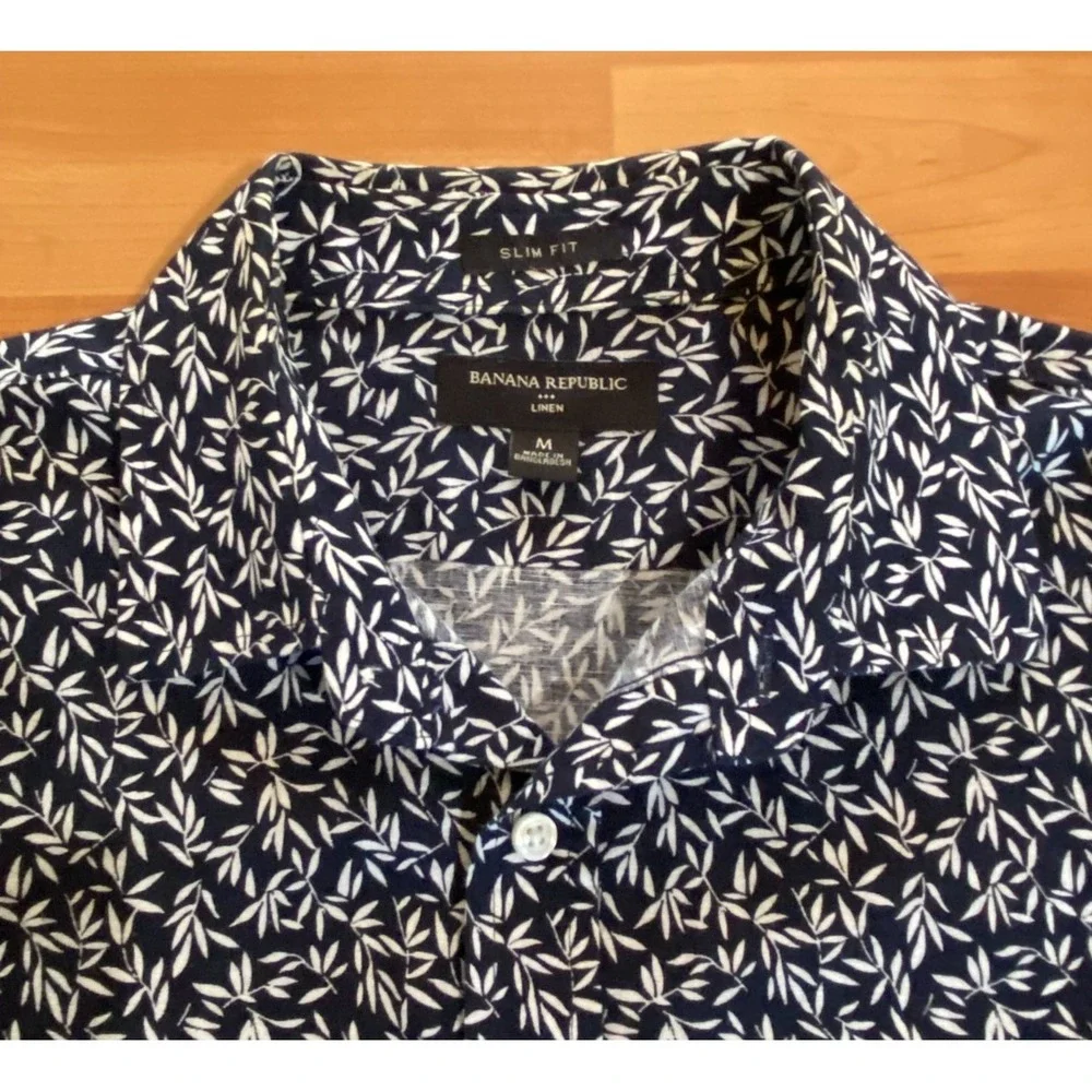 Banana Republic Linen Cotton Shirt Mens M Slim Fit Navy Blue White Button Up